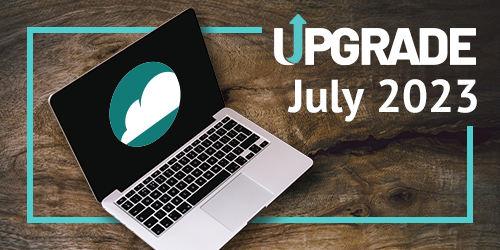 Image of a laptop with a white cloud in a green circle and text saying July 2023 Upgrade