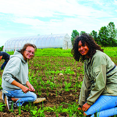 A man and a woman gardener kneeling down to plant a field