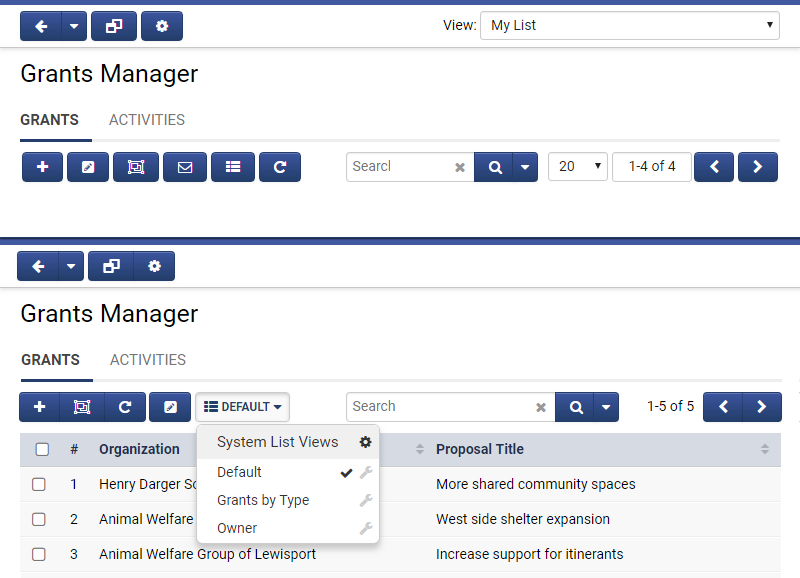 Screenshot of Button Groups / List View Selector