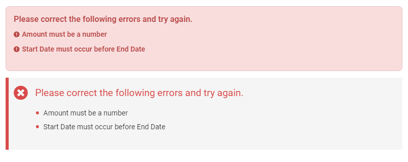 The look of warnings and validation messages before and after the upgrade.
