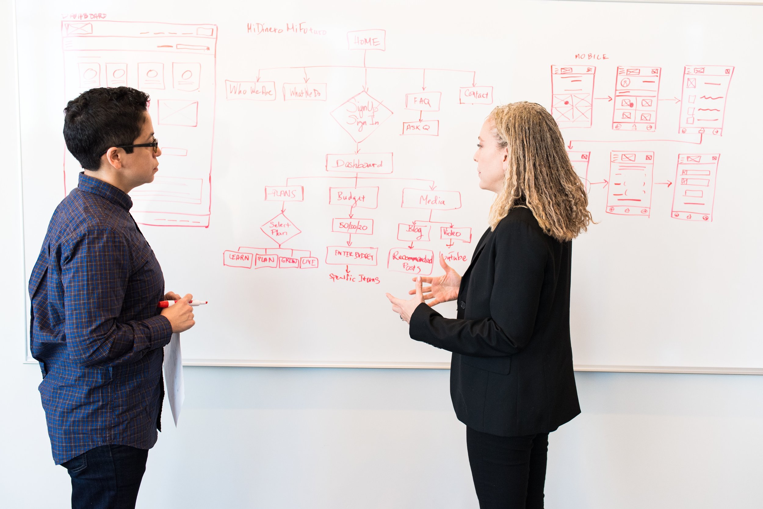 Two women talking in front of whiteboard. Photo by Christina Morillo